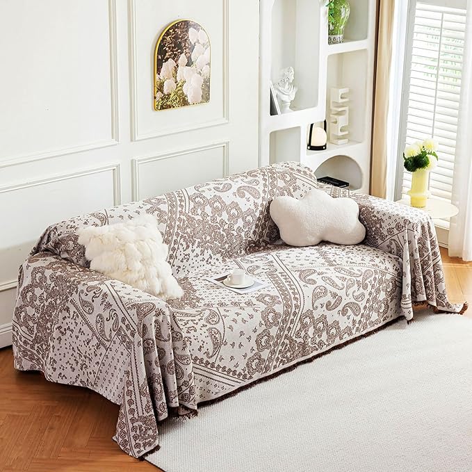 ROOMLIFE Brown Couch Covers for Sofa, Sofa Covers Washable Non Slip Furniture Protector Couch Sofa Covers for 3 Cushion Couch, Breathable Sofa Slipcovers Couch Cover Blanket with Tassels 71" X 150"
