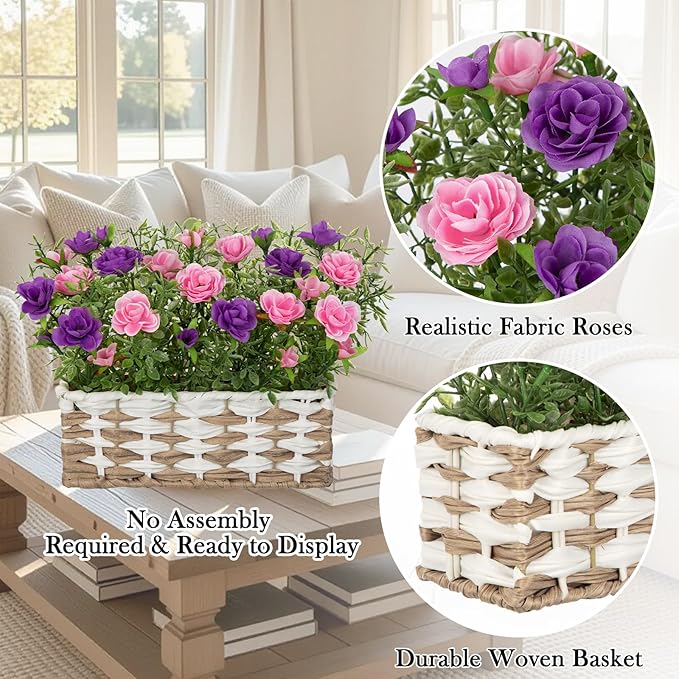 Artificial Rose Flowers with Woven Basket, Faux Blooming Roses in Fake Rattan Planter for Table Centerpiece, Romantic Floral Arrangement for Home Kitchen Entryway Spring Party Decor, Pink & Purple