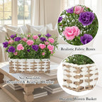 Artificial Rose Flowers with Woven Basket, Faux Blooming Roses in Fake Rattan Planter for Table Centerpiece, Romantic Floral Arrangement for Home Kitchen Entryway Spring Party Decor, Pink & Purple