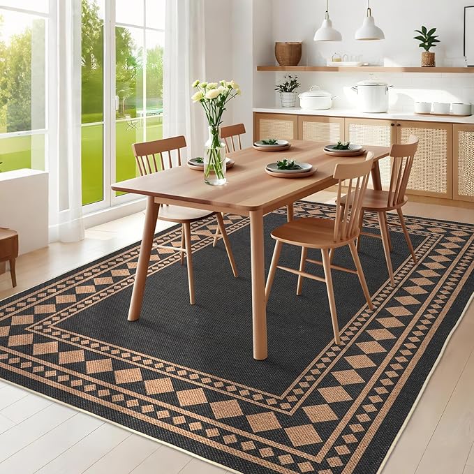 GarveeHome Solid Rugs Washable 8x10 Area Rug for Living Room Durable Easy Jute Rug with Non-Slip Backing, Non-Shedding Indoor Outdoor Carpet for Farmhouse Bedroom, Dining Room, Patio, Black Brown