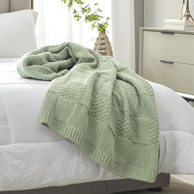 Amélie Home Checkered Chenille Knit Throw Blanket for Couch, Classic Texture Decorative Soft Blanket for Sofa, Chair & Bedroom, 50"x60", Sage Green