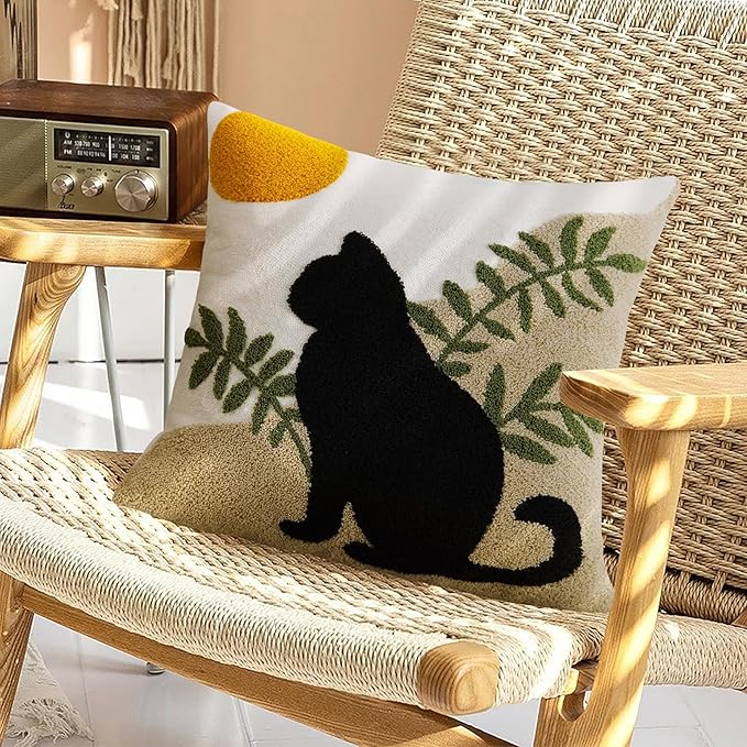 JASEN Cat Boho Throw Pillow Covers 18x18 Cute Absract Tufted Pillow Covers Cushion Case for Bed Couch Sofa Home Decor（Only 1 Pillow Cover）