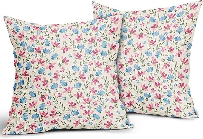 Easter Pink Blue Floral Pillow Covers 18x18 Set of 2 Spring Vintage Rustic Old Style Cute Flower Cream Print Decorative Outdoor Pillowcases Farmhouse Throw Cushion Case Decor for Couch Sofa Bed