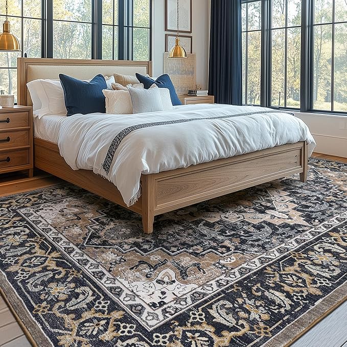 Lessymo 8 x 10 Area Rugs for Living Room, Machine Washable Area Rugs Boho Faux Wool Low Pile Area Rug for Bedroom, Floral Medallion Vintage Rugs with Non-Slip Rubber, Kid & Pet Friendly,Black Brown