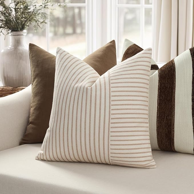 YCOLL Farmhouse Pillow Covers 26x26, Modern Accent Square Throw Pillow Covers Set of 2, Khaki and Beige Striped Patchwork Linen Decorative Pillows Cushion Covers for Couch Chair Bedroom Home Decor