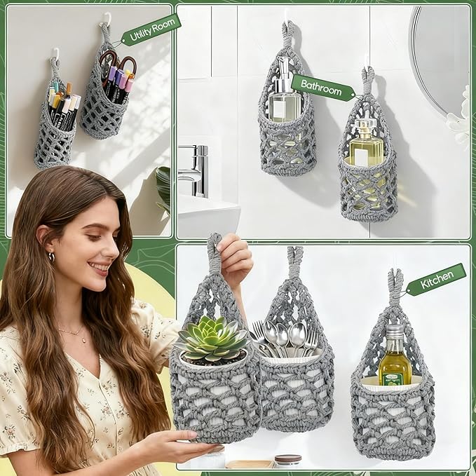 Macrame Wall Plant Hanger, Hanging Planter Basket Holder, Wall Planters for Indoor Plants, for Up to 4 Inch Pot (Grey, 4-Inch)