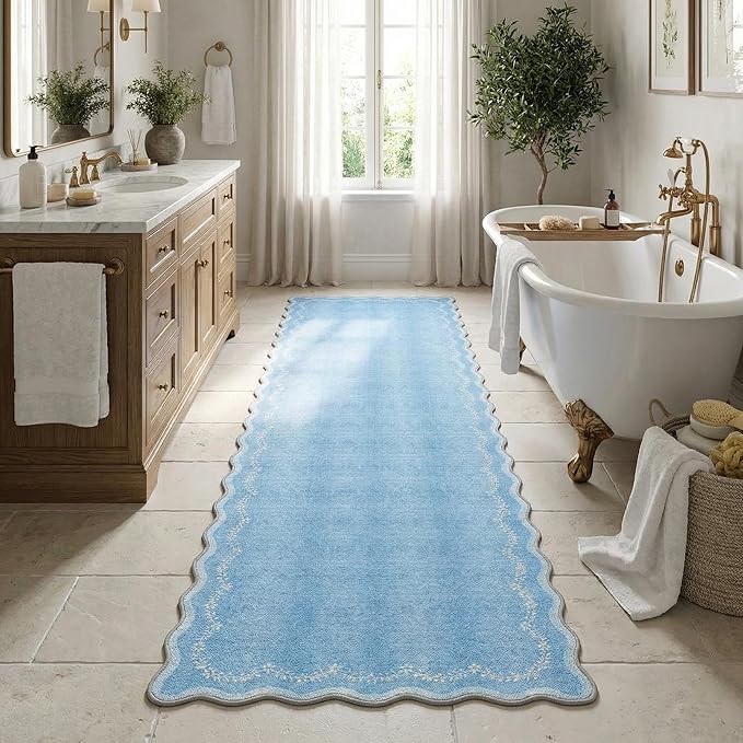 GarveeHome 2.5x8 Scalloped Washable Runner Rug for Kitchen, Soft Blue Long Hallway Runner Non Slip Entryway Rug Farmhouse Thin Laundry Mat Stain Resistant Carpet for Bathroom Beside Rug