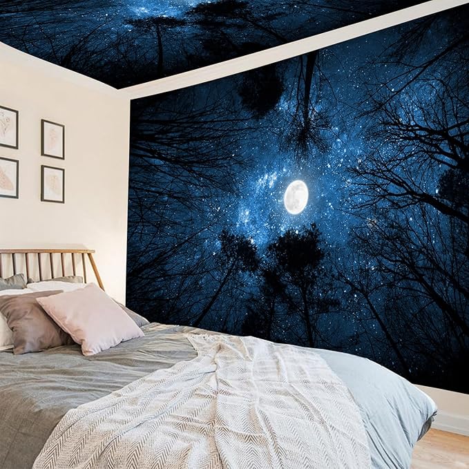 Algasan Forest Galaxy Starry Tapestry, Starry Night Sky Moon Stars Ceiling Tapestry Blue Space with Trees Nature Tapestries Wall Hanging for Bedroom Dorm Living Room (51" X 60")