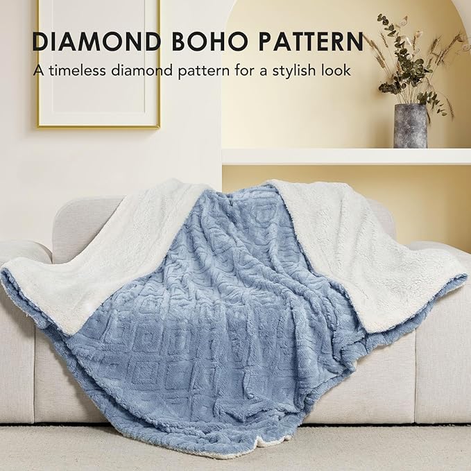 EverGrace Jacquard Boho Sherpa Fleece Throw Blanket for Couch, Super Soft Cozy Fuzzy Plush Blankets for All Seasons, Reversible Thick Warm Blanket for Bed, Sofa, Living Room, Blue Linen, 60" x 80"
