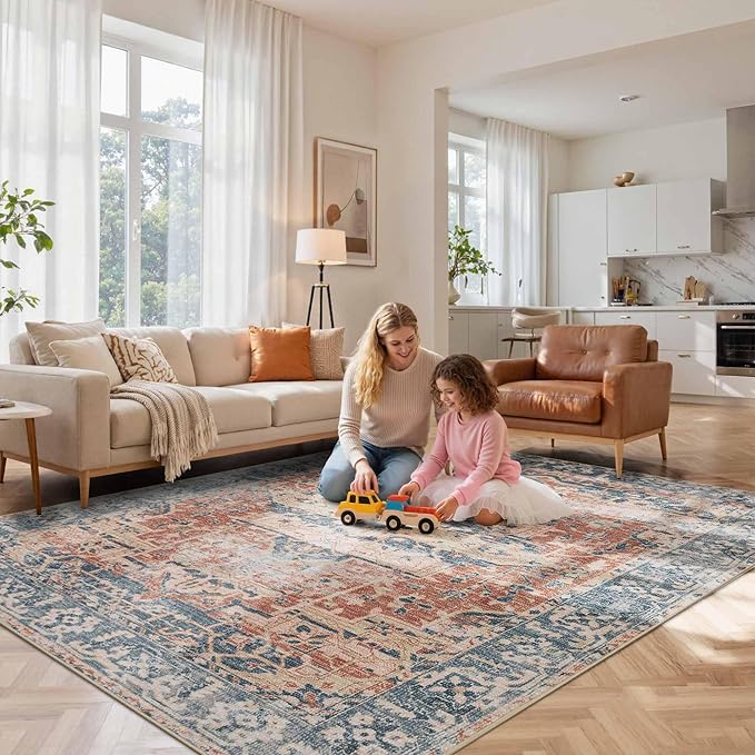 8x10 Area Rugs for Living Room Bedroom, Large Washable Rug, Coral Vintage Retro Boho Rug, Non Slip & Low Pile Faux Wool Thin Carpet for Indoor Dining Room, Kids Room(Coral Blue 8x10ft)