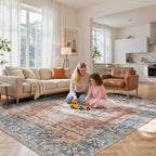 8x10 Area Rugs for Living Room Bedroom, Large Washable Rug, Coral Vintage Retro Boho Rug, Non Slip & Low Pile Faux Wool Thin Carpet for Indoor Dining Room, Kids Room(Coral Blue 8x10ft)