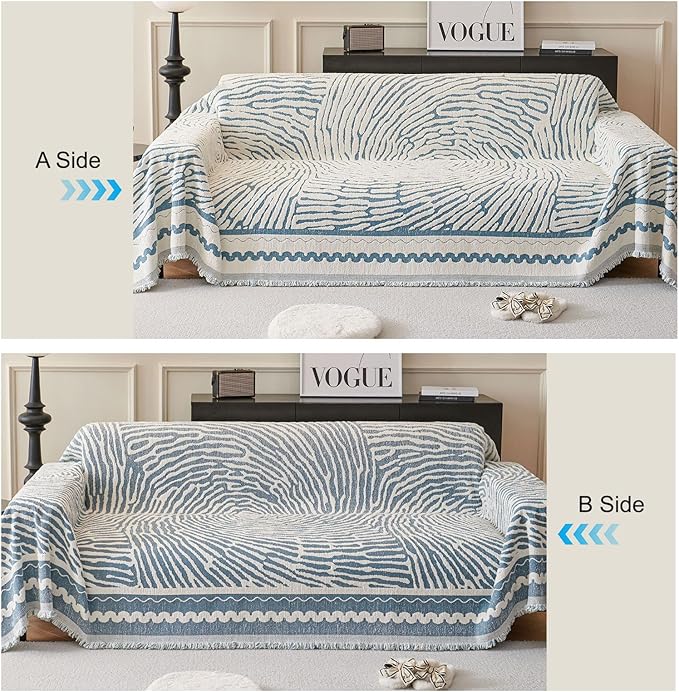 ROOMLIFE Thicked Striped Couch Cover with Tassel Blue Chenille Sofa Cover Blanket for Sectional Sofa, Soft Sofa Slipcovers for L Shaped Love Seat 2-3 Cushion Couch Anti Slip Sofa Protector, 71"x118"