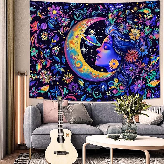 Accnicc Purple Sun and Moon Tapestry for Bedroom Hippie Boho Floral Flower Plant Wall Tapestry Aesthetic Celestial Star Large Tapestries Wall Hanging for Living Room Dorm 80 x 60 Inch