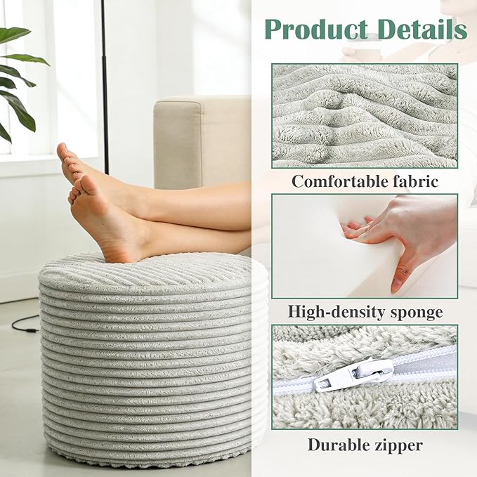 Round Pouf Ottoman, Stuffed Floor Pouf with Foam Chunk Filling, Soft Coral Fleece Furry Foot Rest Stool, Multi-Use Ottoman for Living Room, Wide Stripe Boho Decor,Dark Gray