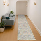 Washable Beige Blue 2x10 Runner Rug for Hallway Kitchen Mudroom, Non-Slip Stain Resistant Extra Long Floor Mat 10 ft - Vintage Floral Aethestic Decor