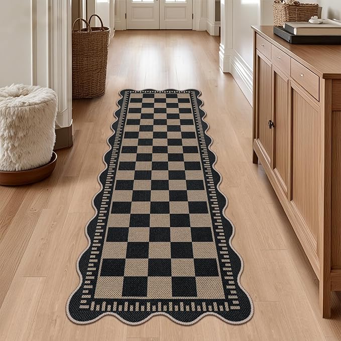 Checkered Easy Jute Runner, 2x6 Kitchen Runner Rug Non Slip Washable Rug for Entryway Indoor, Checkerboard Indoor Outdoor Scalloped Carpet for Hallway Laundry Balcony