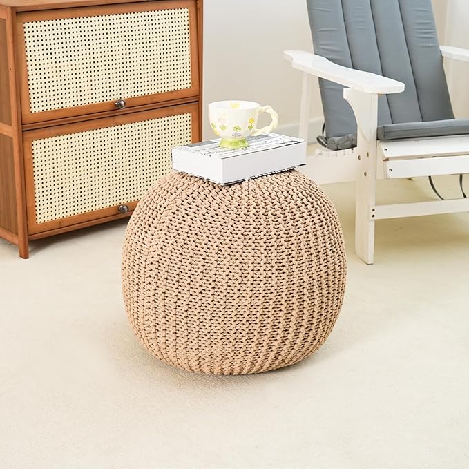 Pouf Ottoman Stuffed Round Modern Foam Filled Foot Rest Poufs for Living Room Chair Decorative 20 X 14 Inches Boho Relax Stool for Wedding Christmas Party, (Khaki, 20inch)