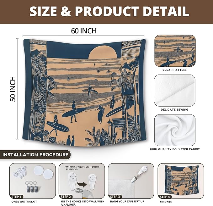 XLDLIOO Beach Coastal Trendy Wall Tapestry, Retro Surfing Summer Ocean Wall Tapestry Hanging for Bedroom Beach House, Beachy Ocean Tapestries Wall Decor Art for Dorm Living Beachy Room 50x60in