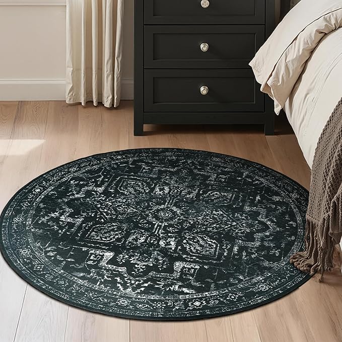 Black White Round Rugs 5ft, Non Slip Washable Thin Circle Rugs for Bedroom Living Room, Traditional Medallion Printed Circle Carpet 5 feet for Kitchen Dining Room