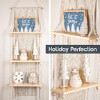 SnugLife Macrame Wall Hanging Shelf - 3 Tier Wall Plant Hanger Shelves with Handmade Woven Rope - Boho Shelves Organizer for Kitchen, Bathroom, Home Storage, Floating Plant Shelf (Pine Wood)
