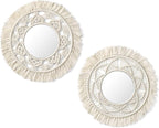 Mkono Hanging Wall Mirror with Macrame Fringe 2 Set Small Round Decoration Boho Antique Mirror for Apartment LivingRoom Bedroom Baby Nursery,Beautiful Gift Ideas