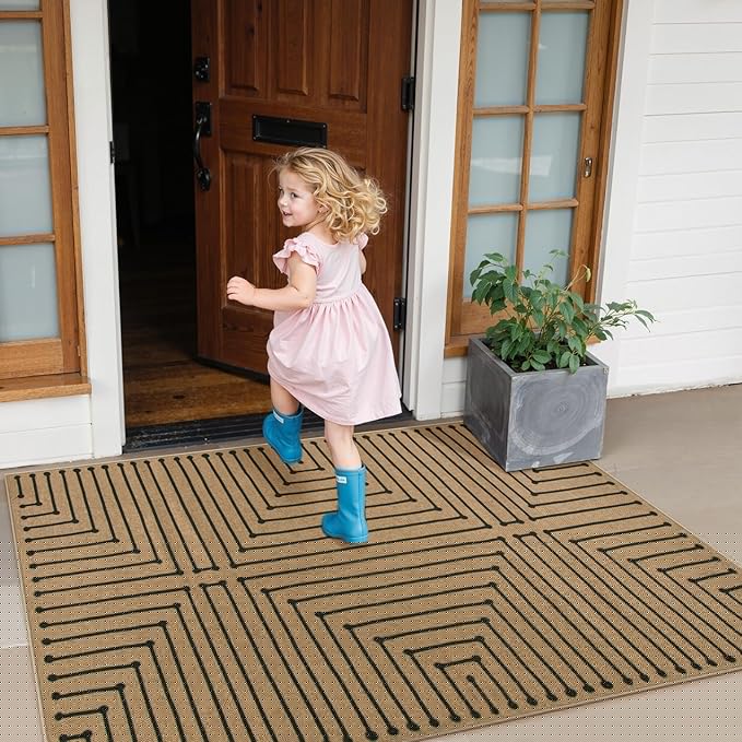 Lahome Neutral Geometric Easy Jute Entryway Rug, 3x5 Washable Outdoor Patio Porch Rug, Farmhouse Rhombus Non Slip Non Shedding Nature Indoor Outdoor Carpet for Kitchen Balcony Foyer