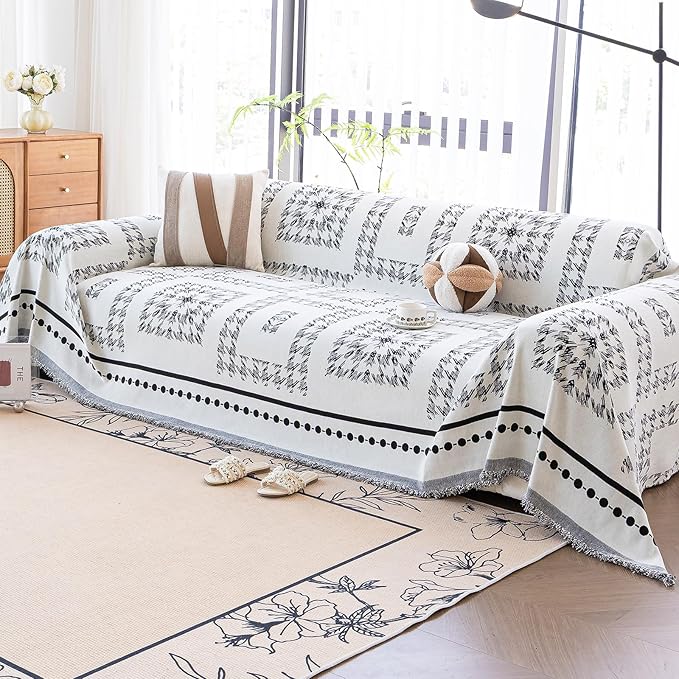 Houndstooth Couch Cover Blanket, Couch Blanket Cover, Boho Couch Cover, Chenille Sofa Covers Washable, XL Couch Covers for Oversized Sofa(1pc/Black/71×134")