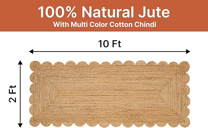 MDS 1 PC Handwoven Braided Jute Area Rug 2ft x 10ft Rectangle Scalloped Edge, 100% Natural Jute Rustic Farmhouse Reversible Accent Rug for Bedroom Living Room Hallway Entryway Kitchen (2' x 10')