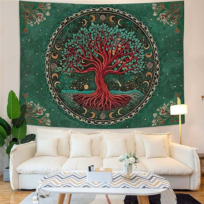 Accnicc Tree of Life Tapestry Green Nature Floral Plant Moon Phase Tapestries for Bedroom Aesthetic Hippie Boho Mandala Celestial Large Tapestry Wall Hanging for Dorm Living Room Decor 80 x 60 Inch