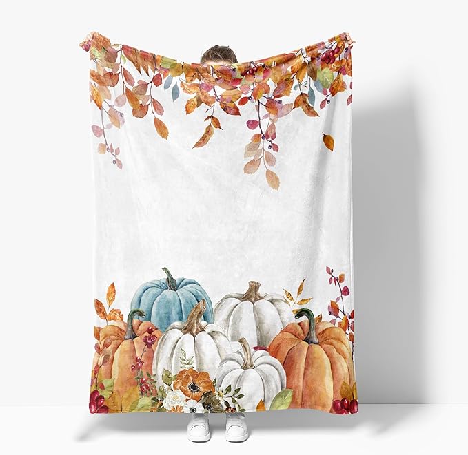 Fall Pumpkins Throw Blanket, Thanksgiving Autumn Maple Leaves Watercolor Blanket for Bed Sofa Travel and Camping, Super Soft Cozy Fluffy Plush Blanket for All Seasons, 50" x 60"