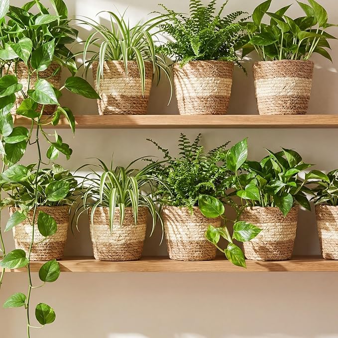 12 Pcs Seagrass Plant Basket with Plastic Liners Woven Stylish Planter Baskets Bulk Indoor Outdoor Plants Woven Wicker Baskets for Flower Pots Cover and Room Decor Small (Small,Bohemian)