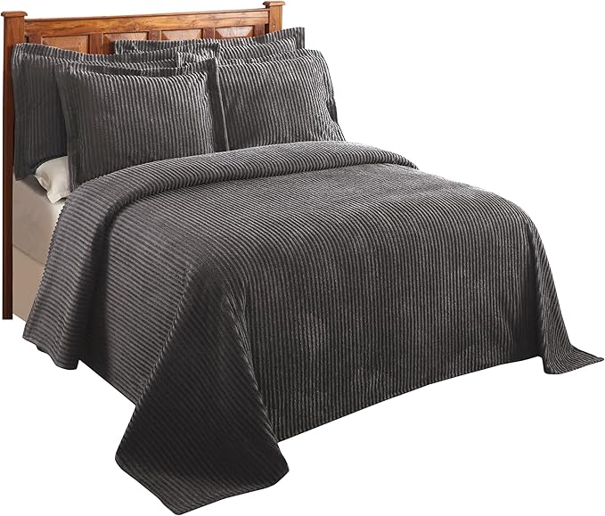 Better Trends Chenille Bedspreads Full/Double Size, Gray 100% Cotton Chenille Stripe Design Tufted Bedding Coverlet Soft Lightweight, 96"x110" with 2 Sham, 3 Pieces Set Jullian Collection
