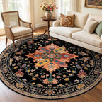 Area Rugs 5ft Washable Non-Slip, Floral Vintage Distress Print Pattern Medallion Carpet for Living Room Bedroom Dining Room, Black Colorful Floral Dark Tan