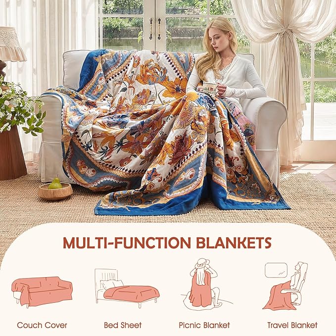 Boho Throw Blanket - 60"x80" 100% Cotton Ultra Soft Lightweight Spring Blanket, 4-Layer Breathable Muslin Blankets for Bed Couch, Reversible Yellow Floral Printed Bohemian Cotton Quilt