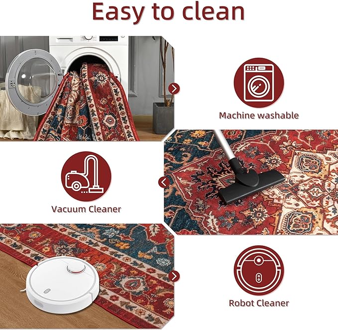 YJ.GWL Area Rugs for Living Room 9x12 Machine Washable Rugs, Non Slip Floral Vintage Rug Indoor Carpet, Stain Resistant Large Rug for Bedroom Dining Room, Orange-Red