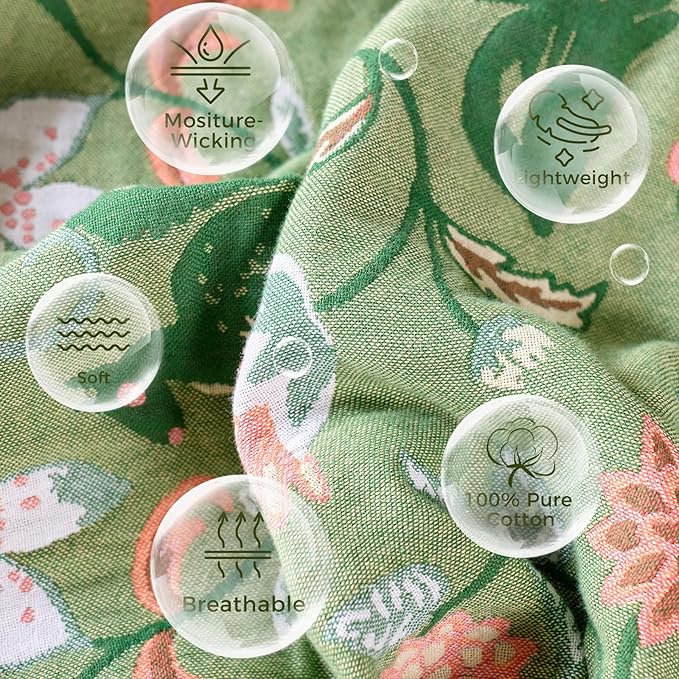 Boho Throw Blanket for Bed 100% Cotton Soft Lightweight Quilt Room Decor Green Spring Bed Blankets,Floral Garden Embroidery Reversible All Season Twin Blankets for Sofa Couch Chair 60"x80"
