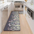 KIMODE Anti Fatigue Kitchen Mat for Floor, 17"x59"+17"x29" Floral Kitchen Rugs Sets of 2, Kitchen Floor Mats Non-Slip, Cushioned Standing Desk mat for Sink, Laundry, Office Dark Grey/Purple