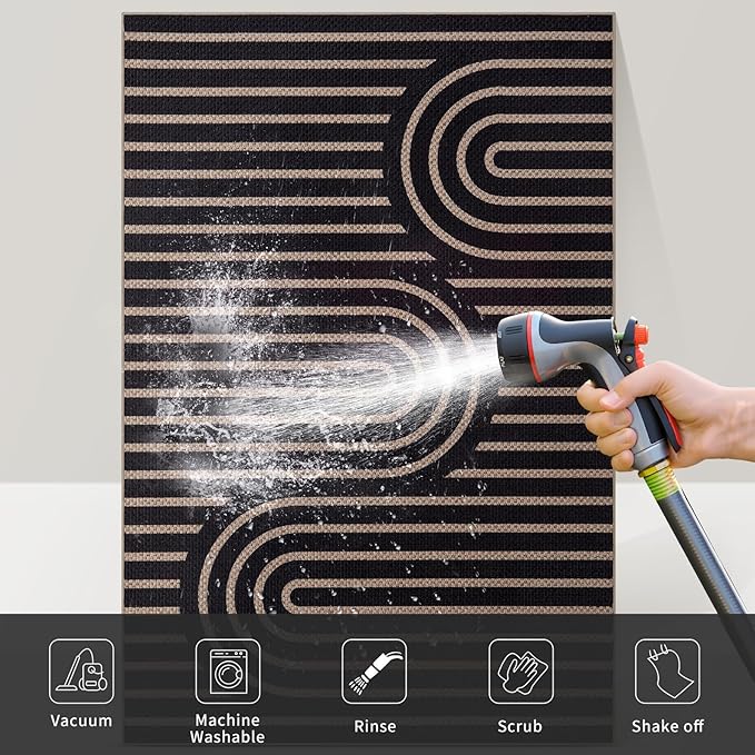 Tangsoo Easy Jute 5x7 Large Washable Area Rug for Dining Room Table,Non-Slip Black Outdoor RugThin Indoor Mat,Modern Farmhouse Rainbow Carpet for Living Room Bedroom Patio Home Decor