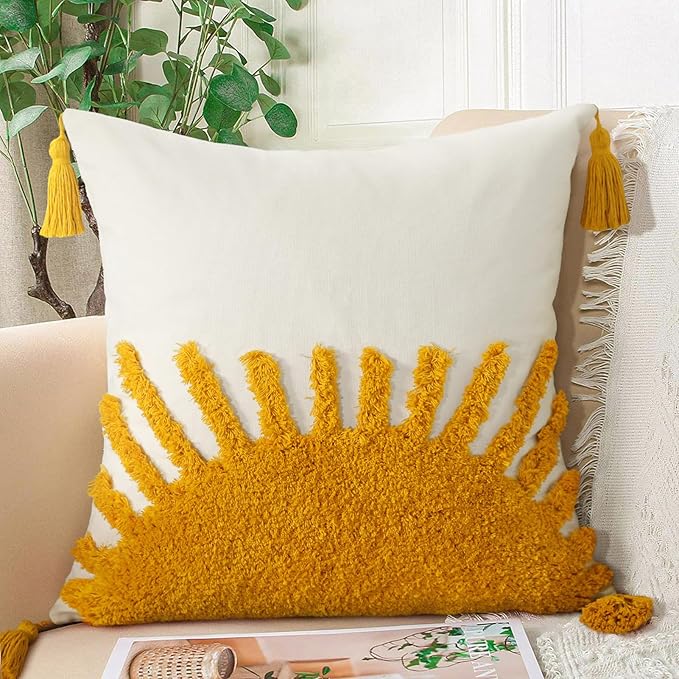 Adabana Boho Throw Pillow Covers 16x16, Decorative Tufted Pillows Cover for Couch Bed, Sun Sunshine Pillow Cover for Kids