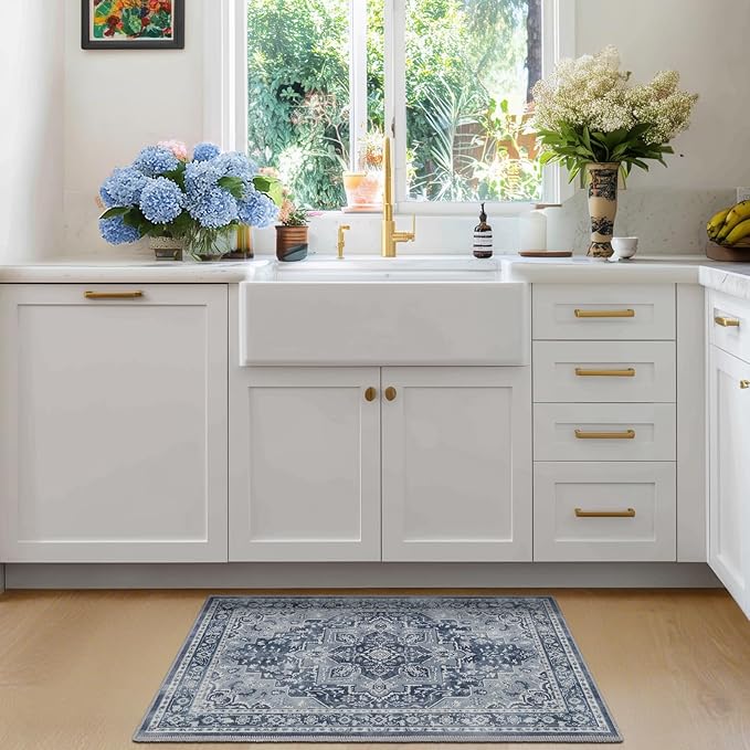 Blue Gray 2x3 Entryway Rug, Modern Vintage Washable Kitchen Rugs Non Slip, Ultra Thin Medallion Door Mat Indoor Entrance Back Front Door, Small Rug for Inside Entry/Foyer/Bathroom/Bedside