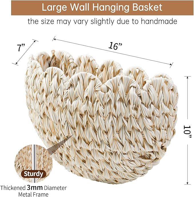 Wicker Wall Basket,Scalloped Hanging Wall Basket for Storage and Organizing,Wicker Decorative Storage Baskets for Flower,Magazine,Nursery,Front Door,Bathroom Boho Decor