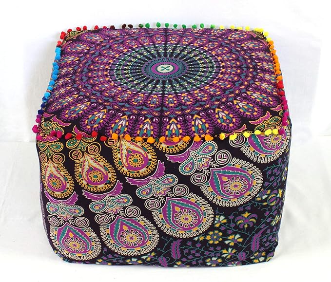 CRAFT KALA Mandala Meditation Floor Pillows Square Pillow Cover Seating Hippie Decorative Adults Bohemian Cushion Cover Outdoor Living Room Throw Ottoman Poufs Cover 16X16X14 inches,Pink Yellow Mirchi