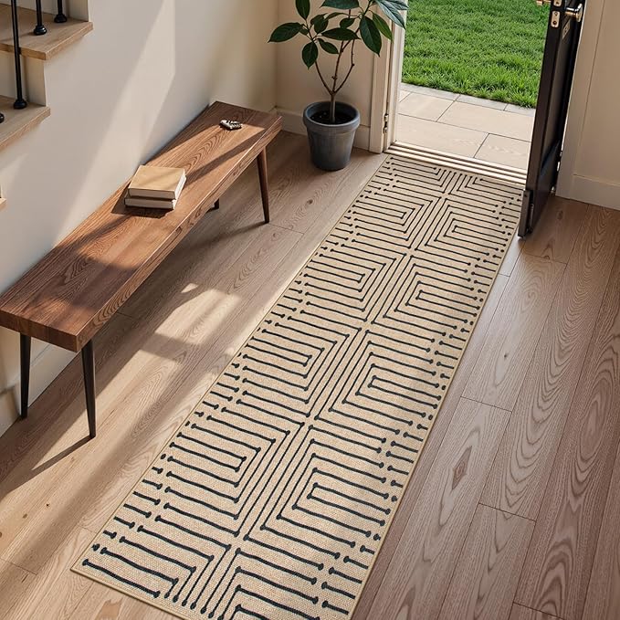 Lahome Maze Lines Easy Jute Runners for Hallways, 2x8 Washable Rug Runner Non Slip Stain Resistant, Farmhouse Low Pile Indoor Outdoor Carpet for Indoor Entryway Laundry Kitchen