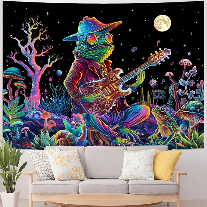 Galoker Blacklight Frog Tapestry Fantasy Neon Mushroom Tapestries UV Reactive Plant Floral Wall Tapestry Galaxy Space Tapestries Wall Hanging for Home Decor(H51.2×W59.1 inches)