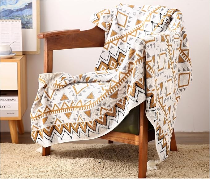 Knitted Queen Size Throw Blanket - Lightweight Breathable Summer Soft Blanket of Polyester Imitation Cotton for Anti-Static,Luxury Throws for Bed, Couch and Sofa,Yellow Tassel Pattern
