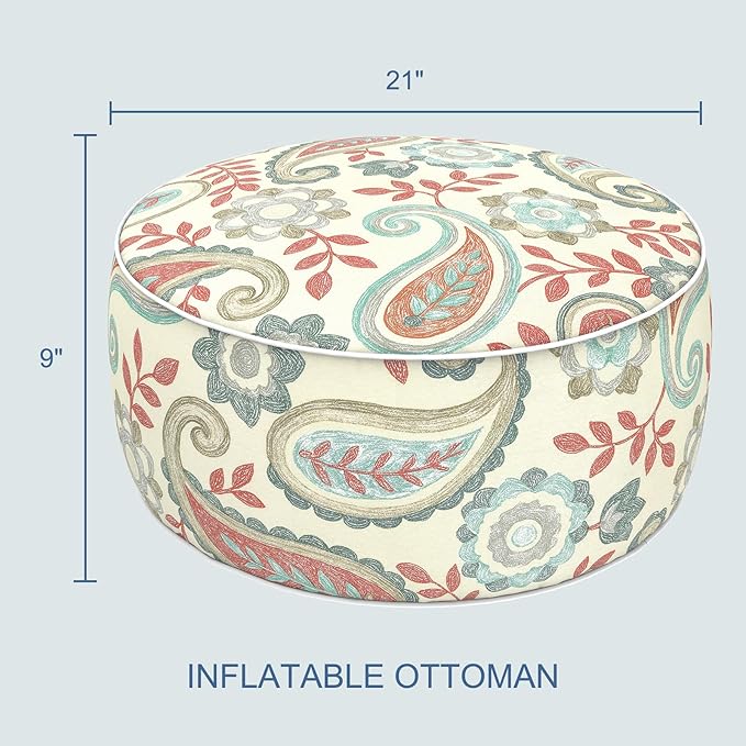 LVTXIII Indoor/Outdoor Inflatable Ottoman with Handle D21 x H9 Inch, Weather-Resistant Round Footstool Pouf for Patio Camping Living Room, Portable Footrest Extra Seating, Paisley Vintage