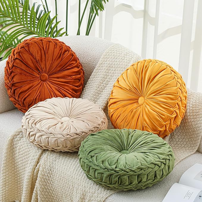Round Throw Pillows Decorative Pleated Throw Pillows 15'' Diameter Accent Pumpkin Boho Chair Cushion for Couch Sofa Home Decoration(Fall Color,4 Pcs)