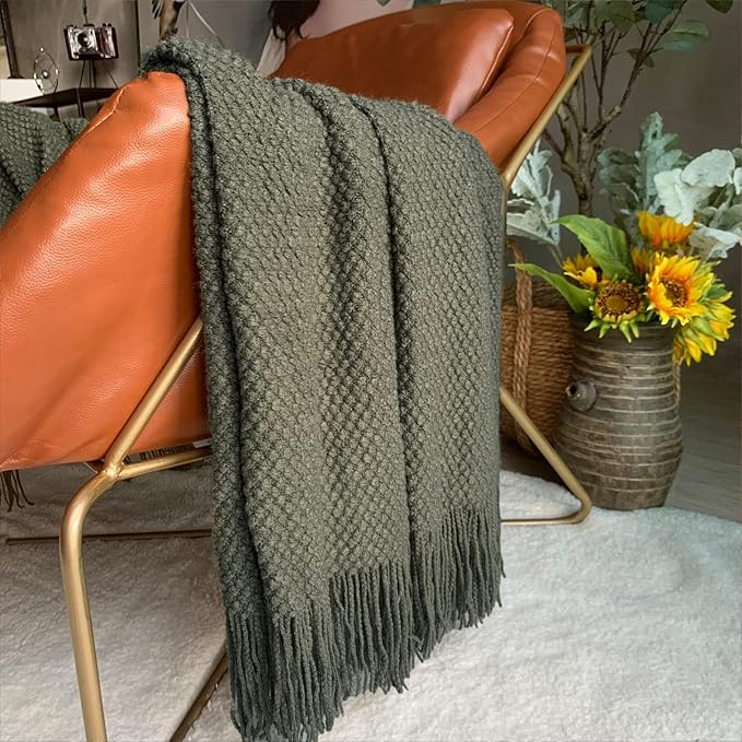 LOMAO Knitted Throw Blanket with Tassels Bubble Textured Lightweight Throws for Couch Cover Home Decor (Dark Olive, 60x80)