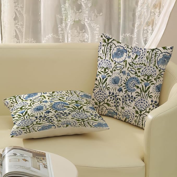 Boho Navy Blue Pillow Covers 18x18 Inch Set of 2 Blue Sage Green Floral Throw Pillows Vintage Flower Outdoor Decorative Pillow Cases Farmhouse Linen Cushion Cover Decor for Couch Sofa Decor