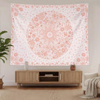 Neasow Bohemian Tapestry Wall Hanging, Pink Floral Tapestry with Dotted Daisy Medallion Print Bedroom Boho Hippie Home Decor, 60x80 inches